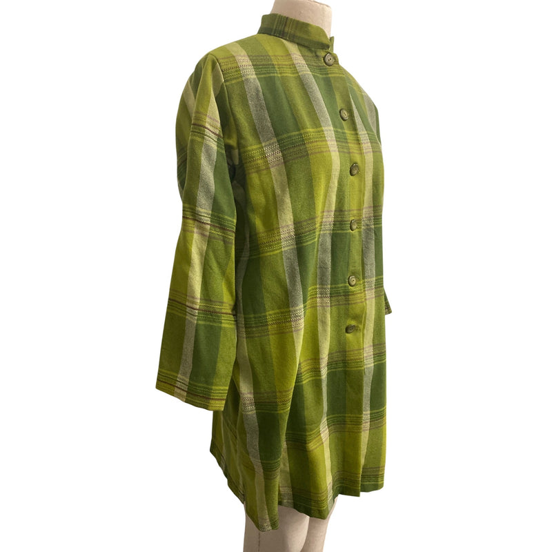 Vintage Handmade Green Plaid Tunic Dress With Mandarin Collar and 3/4 Sleeves Button-Down Front