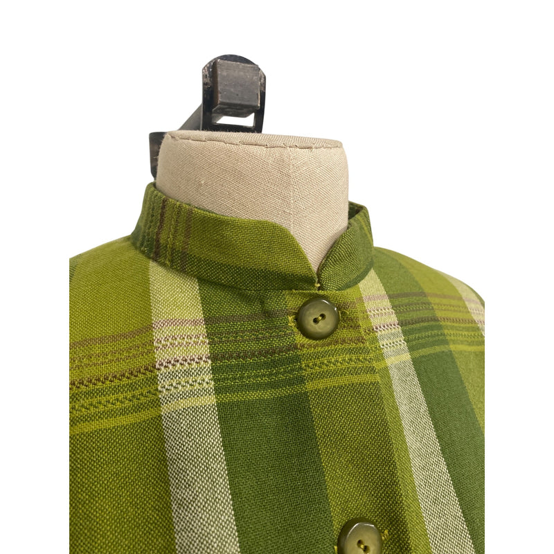 Vintage Handmade Green Plaid Tunic Dress With Mandarin Collar and 3/4 Sleeves Button-Down Front