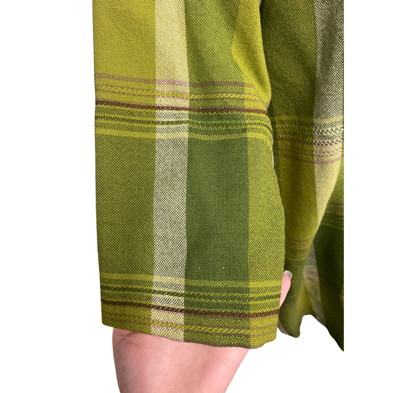 Vintage Handmade Green Plaid Tunic Dress With Mandarin Collar and 3/4 Sleeves Button-Down Front