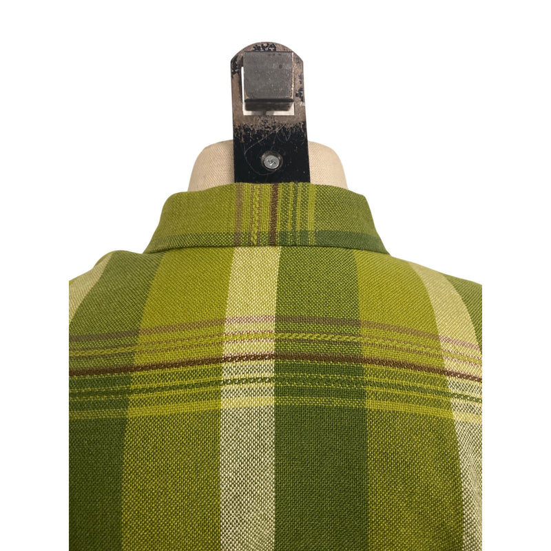 Vintage Handmade Green Plaid Tunic Dress With Mandarin Collar and 3/4 Sleeves Button-Down Front