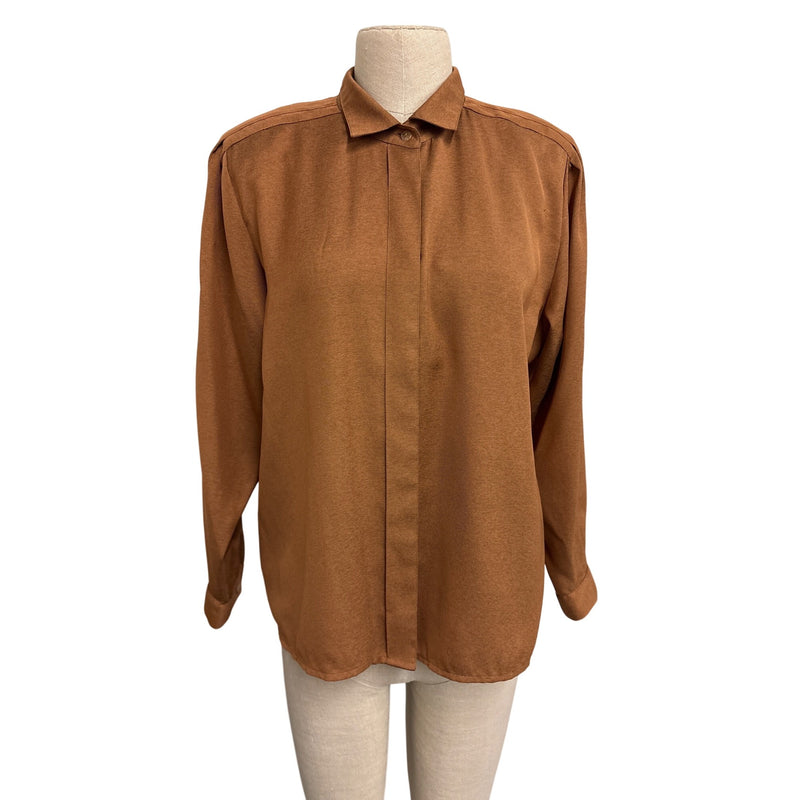 Vintage Yukali High Class Dress Blouse Button-Up Top Brown Long Sleeve Polyester Fundraiser for Sustainable Fashion Education Programs
