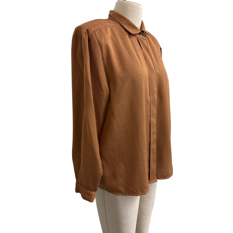 Vintage Yukali High Class Dress Blouse Button-Up Top Brown Long Sleeve Polyester Fundraiser for Sustainable Fashion Education Programs