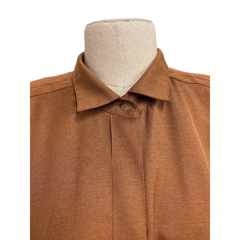 Vintage Yukali High Class Dress Blouse Button-Up Top Brown Long Sleeve Polyester Fundraiser for Sustainable Fashion Education Programs