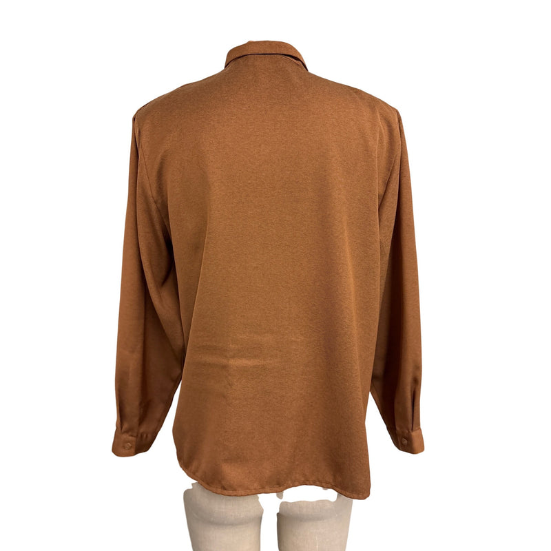 Vintage Yukali High Class Dress Blouse Button-Up Top Brown Long Sleeve Polyester Fundraiser for Sustainable Fashion Education Programs