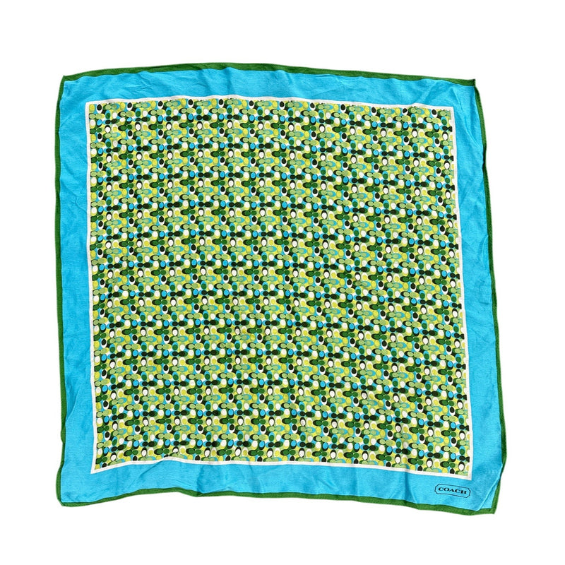 Vintage COACH Silk Scarf Geometric Mod Oval Print Blue Green Headwear