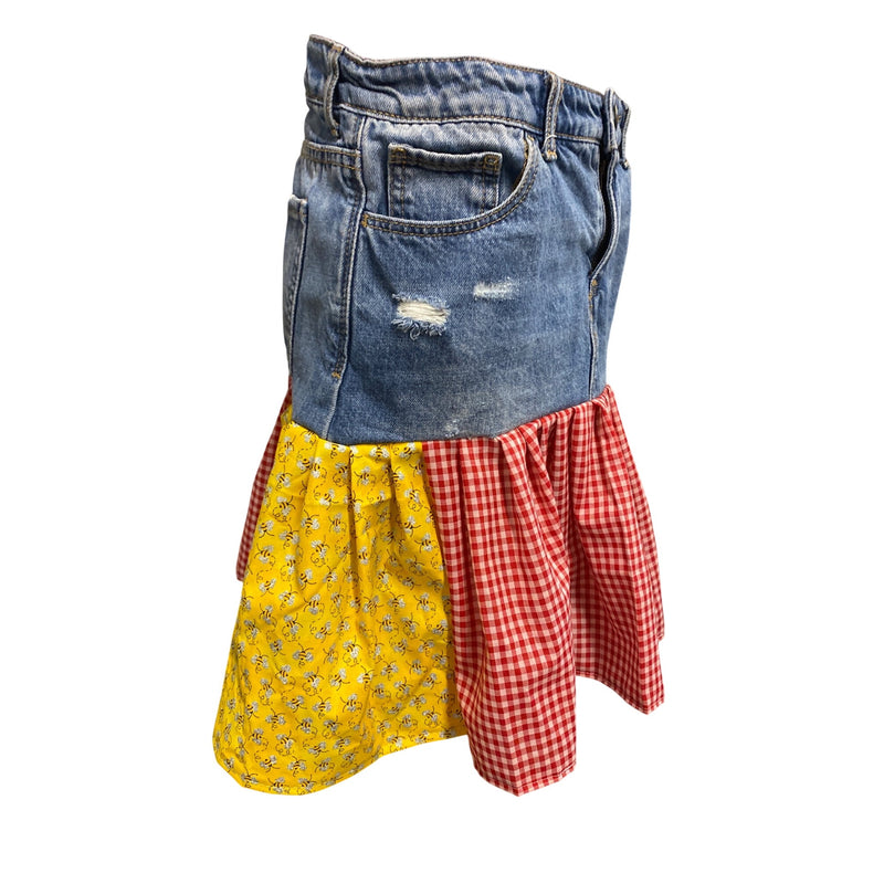 LUXBOHEME Upcycled Vintage GAP Denim Skirt With Red Gingham Yellow Floral One of a kind Fundraiser for Sustainable Fashion Education Program
