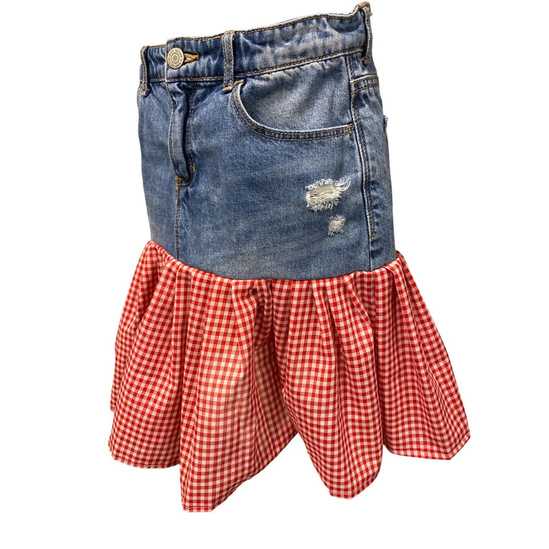 LUXBOHEME Upcycled Vintage GAP Denim Skirt With Red Gingham Yellow Floral One of a kind Fundraiser for Sustainable Fashion Education Program