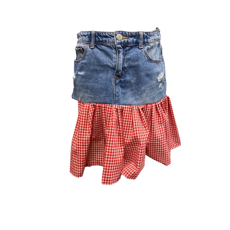LUXBOHEME Upcycled Vintage GAP Denim Skirt With Red Gingham Yellow Floral One of a kind Fundraiser for Sustainable Fashion Education Program