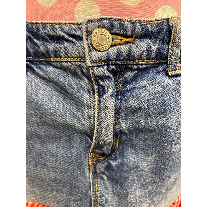 LUXBOHEME Upcycled Vintage GAP Denim Skirt With Red Gingham Yellow Floral One of a kind Fundraiser for Sustainable Fashion Education Program