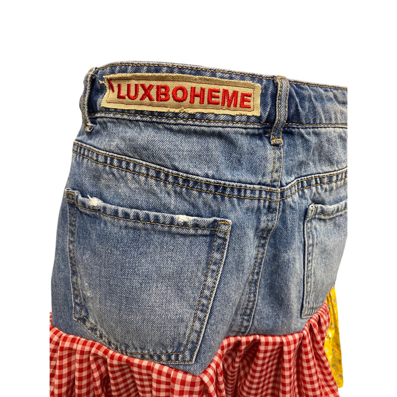 LUXBOHEME Upcycled Vintage GAP Denim Skirt With Red Gingham Yellow Floral One of a kind Fundraiser for Sustainable Fashion Education Program