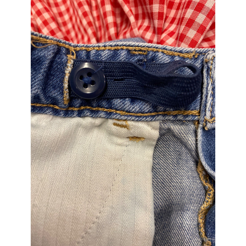 LUXBOHEME Upcycled Vintage GAP Denim Skirt With Red Gingham Yellow Floral One of a kind Fundraiser for Sustainable Fashion Education Program
