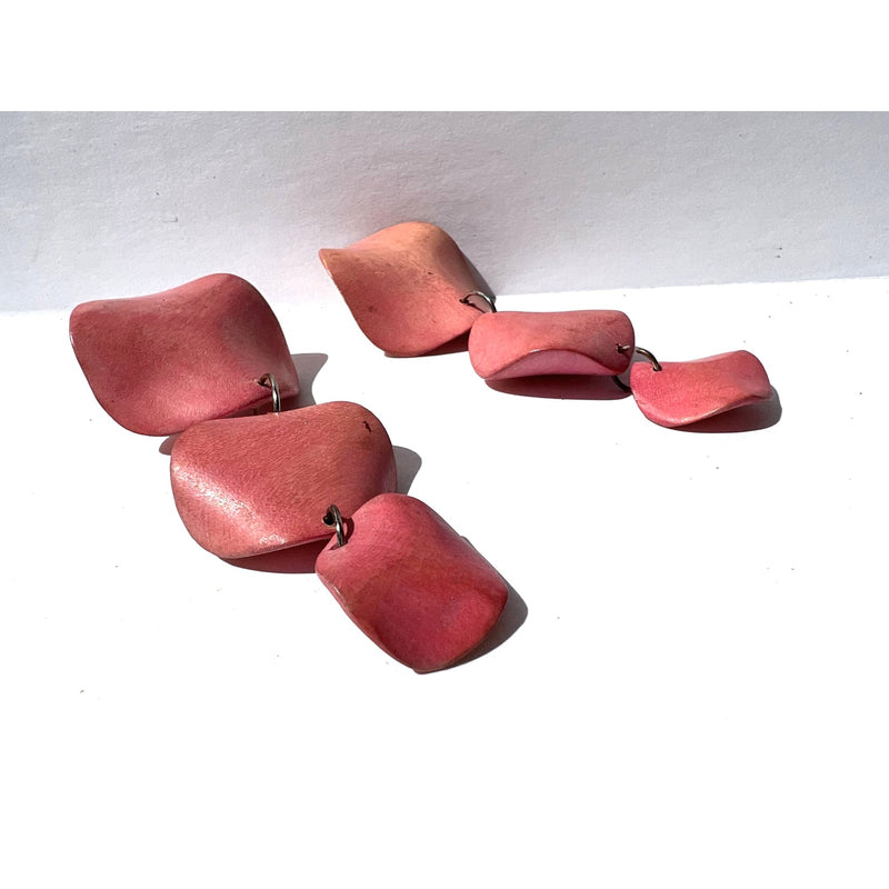 Vintage 90s Pink Wooden Dangle Earrings With Organic Shapes Dangling Jewelry Pierced Boho Style