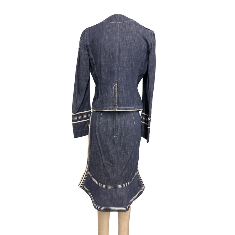 Vintage Marc Jacobs Y2K Denim Two Piece Suit Jacket Skirt Cream Piping Size 8 RN103927 2000s, Sustainable Fashion Education Fundraiser