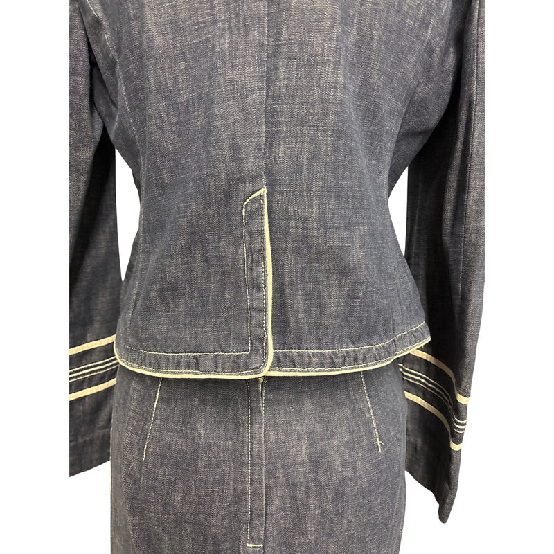 Vintage Marc Jacobs Y2K Denim Two Piece Suit Jacket Skirt Cream Piping Size 8 RN103927 2000s, Sustainable Fashion Education Fundraiser