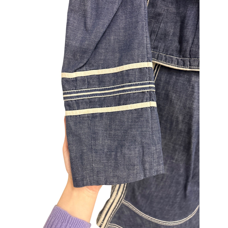 Vintage Marc Jacobs Y2K Denim Two Piece Suit Jacket Skirt Cream Piping Size 8 RN103927 2000s, Sustainable Fashion Education Fundraiser