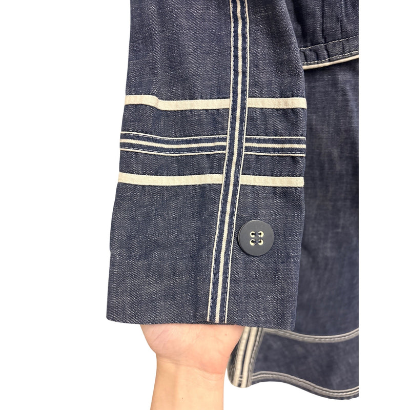 Vintage Marc Jacobs Y2K Denim Two Piece Suit Jacket Skirt Cream Piping Size 8 RN103927 2000s, Sustainable Fashion Education Fundraiser