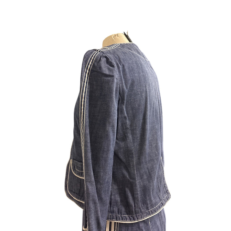Vintage Marc Jacobs Y2K Denim Two Piece Suit Jacket Skirt Cream Piping Size 8 RN103927 2000s, Sustainable Fashion Education Fundraiser