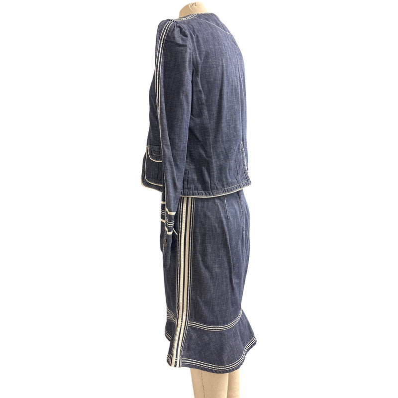 Vintage Marc Jacobs Y2K Denim Two Piece Suit Jacket Skirt Cream Piping Size 8 RN103927 2000s, Sustainable Fashion Education Fundraiser