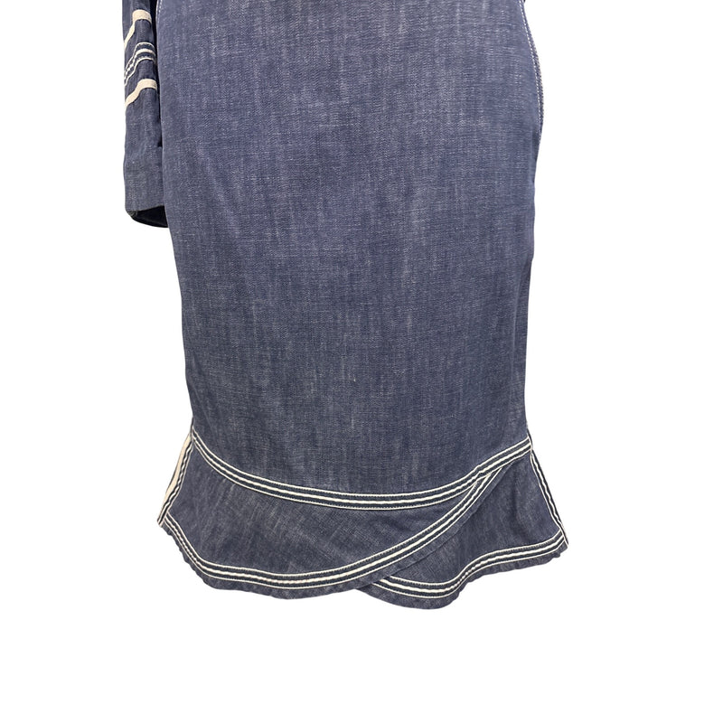 Vintage Marc Jacobs Y2K Denim Two Piece Suit Jacket Skirt Cream Piping Size 8 RN103927 2000s, Sustainable Fashion Education Fundraiser