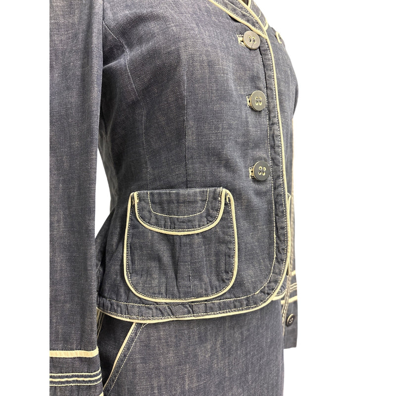 Vintage Marc Jacobs Y2K Denim Two Piece Suit Jacket Skirt Cream Piping Size 8 RN103927 2000s, Sustainable Fashion Education Fundraiser