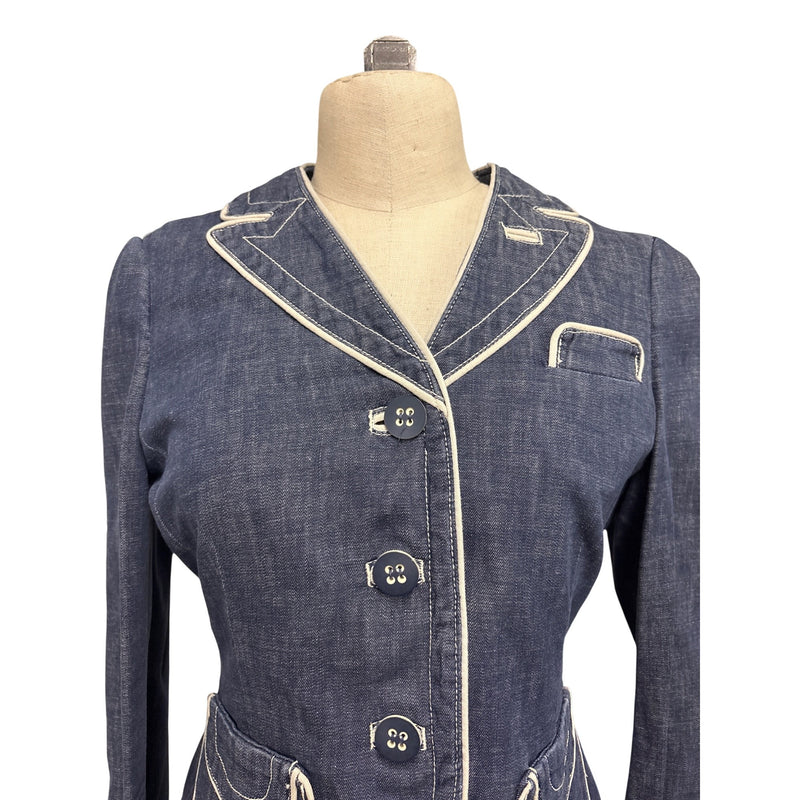 Vintage Marc Jacobs Y2K Denim Two Piece Suit Jacket Skirt Cream Piping Size 8 RN103927 2000s, Sustainable Fashion Education Fundraiser