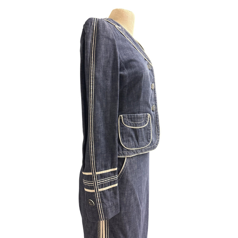 Vintage Marc Jacobs Y2K Denim Two Piece Suit Jacket Skirt Cream Piping Size 8 RN103927 2000s, Sustainable Fashion Education Fundraiser