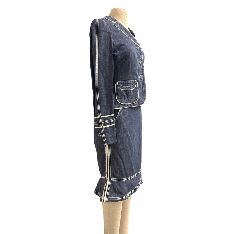 Vintage Marc Jacobs Y2K Denim Two Piece Suit Jacket Skirt Cream Piping Size 8 RN103927 2000s, Sustainable Fashion Education Fundraiser