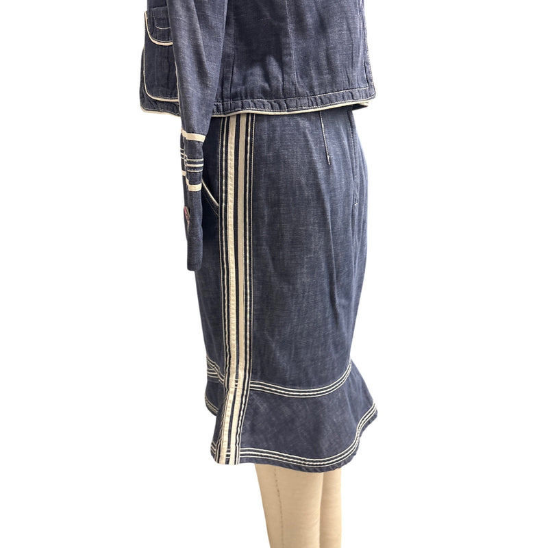 Vintage Marc Jacobs Y2K Denim Two Piece Suit Jacket Skirt Cream Piping Size 8 RN103927 2000s, Sustainable Fashion Education Fundraiser