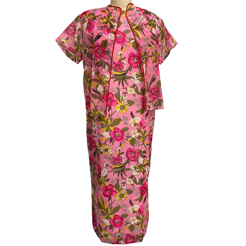 Vintage Pink Floral Maxi Dress With Sheer Overlay Jacket Short Sleeves and Open Front Design