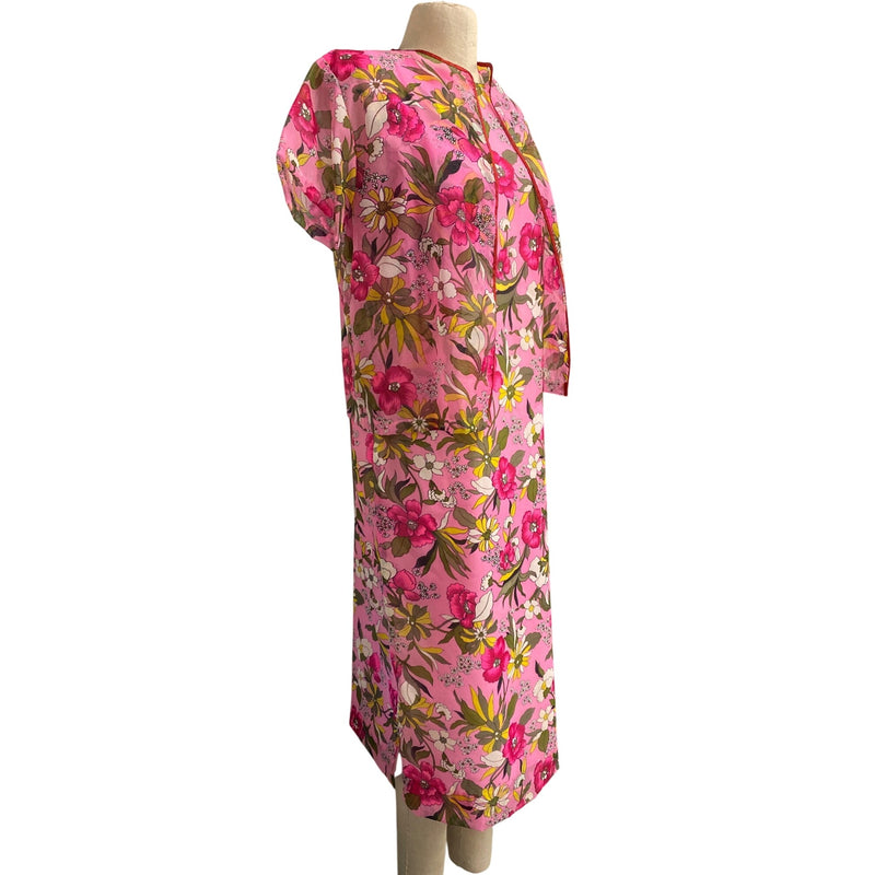 Vintage Pink Floral Maxi Dress With Sheer Overlay Jacket Short Sleeves and Open Front Design