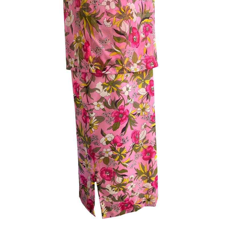 Vintage Pink Floral Maxi Dress With Sheer Overlay Jacket Short Sleeves and Open Front Design
