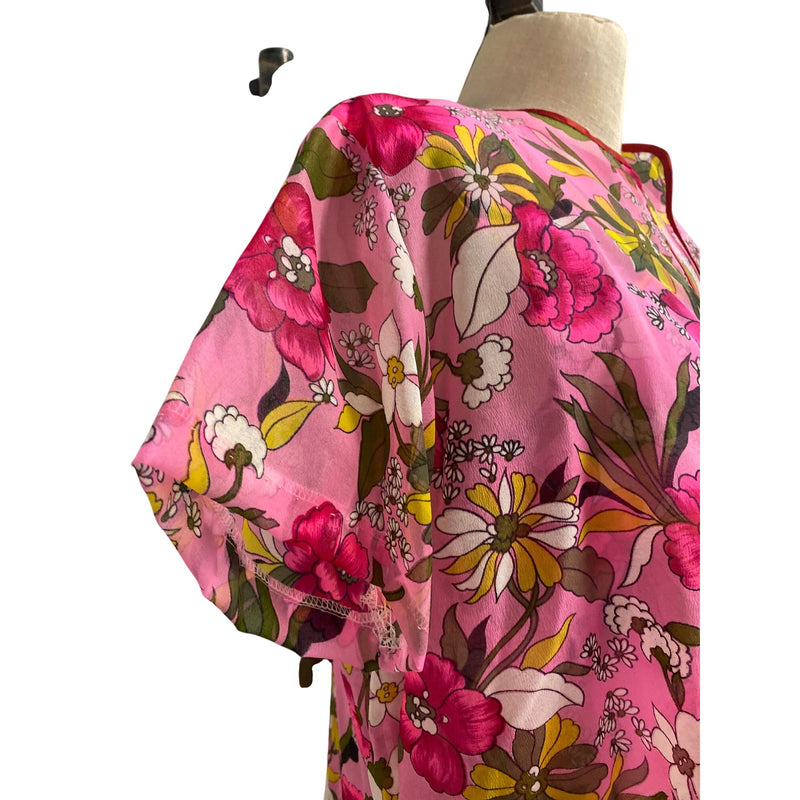 Vintage Pink Floral Maxi Dress With Sheer Overlay Jacket Short Sleeves and Open Front Design