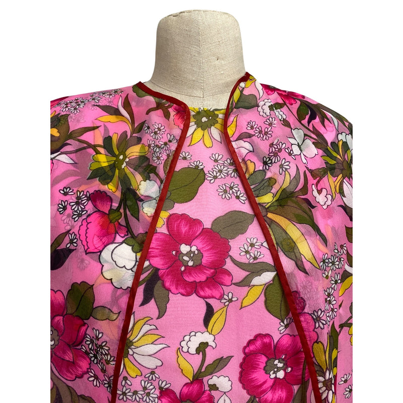 Vintage Pink Floral Maxi Dress With Sheer Overlay Jacket Short Sleeves and Open Front Design