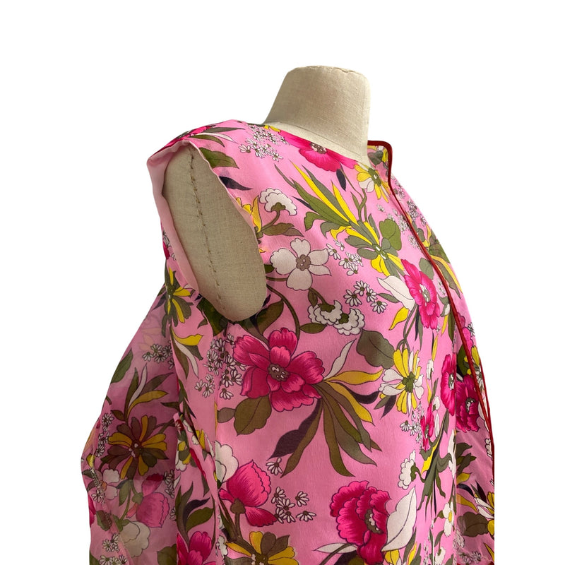 Vintage Pink Floral Maxi Dress With Sheer Overlay Jacket Short Sleeves and Open Front Design