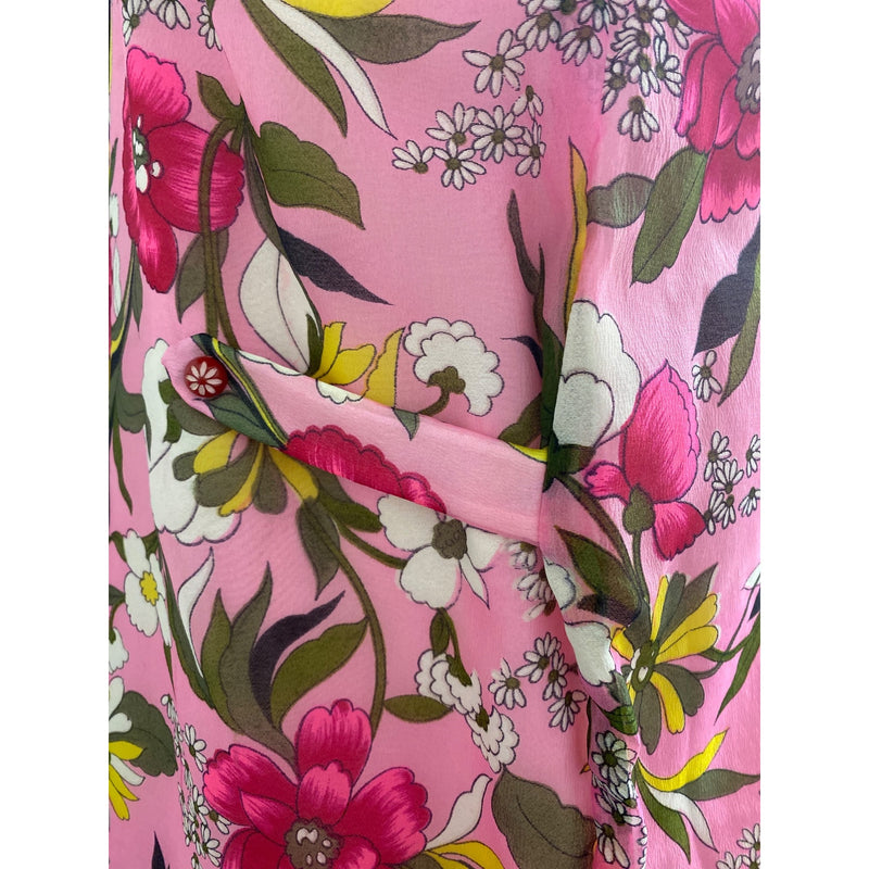 Vintage Pink Floral Maxi Dress With Sheer Overlay Jacket Short Sleeves and Open Front Design