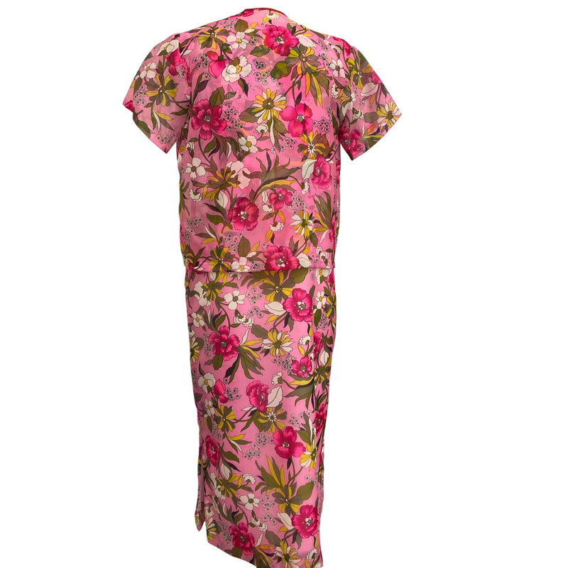 Vintage Pink Floral Maxi Dress With Sheer Overlay Jacket Short Sleeves and Open Front Design