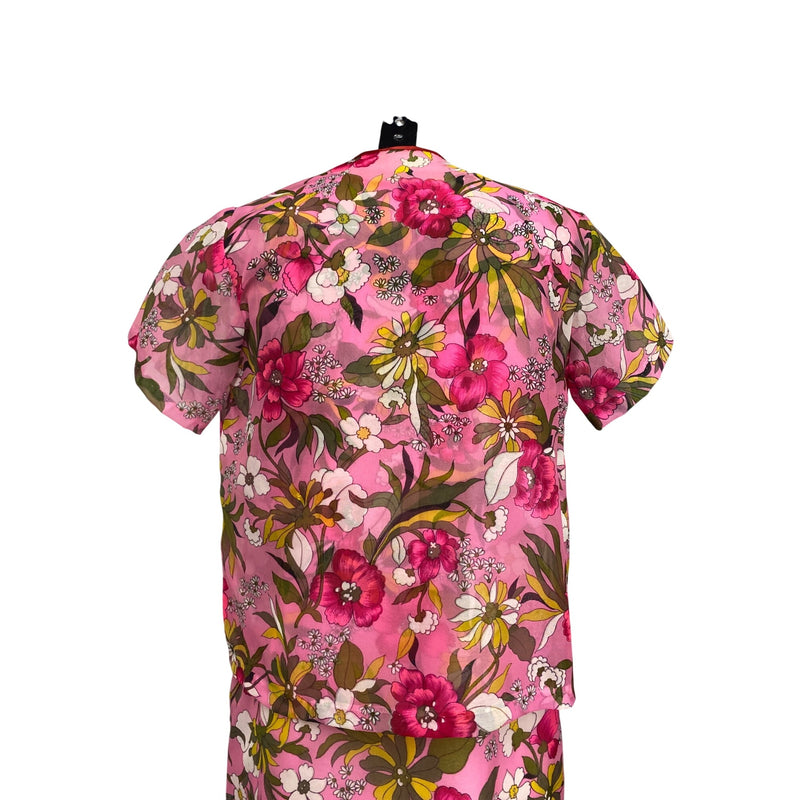 Vintage Pink Floral Maxi Dress With Sheer Overlay Jacket Short Sleeves and Open Front Design