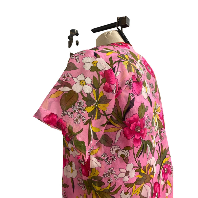 Vintage Pink Floral Maxi Dress With Sheer Overlay Jacket Short Sleeves and Open Front Design
