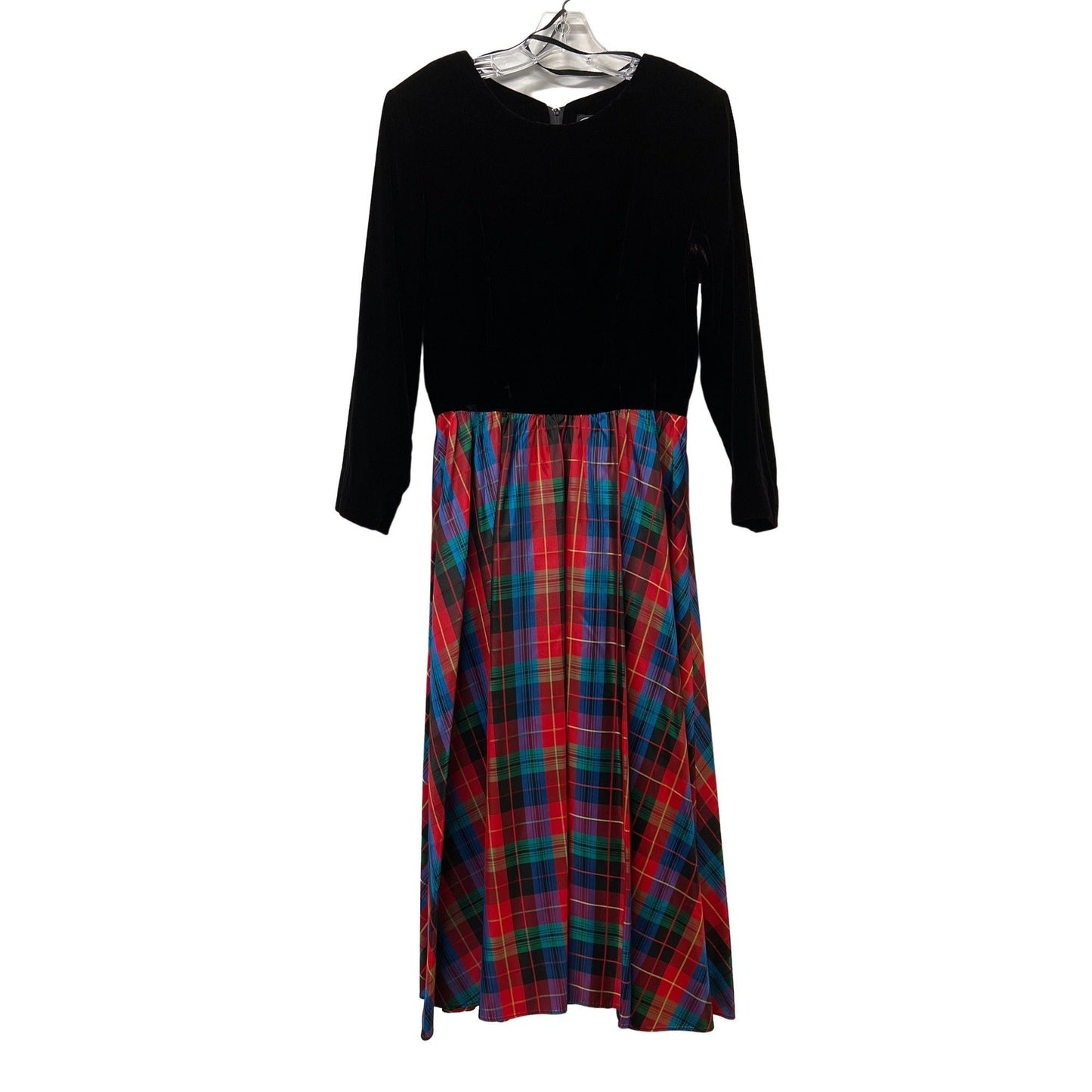 Clues Collections New York Paris Vintage Black Velvet Red Plaid Dress Black Velvet
