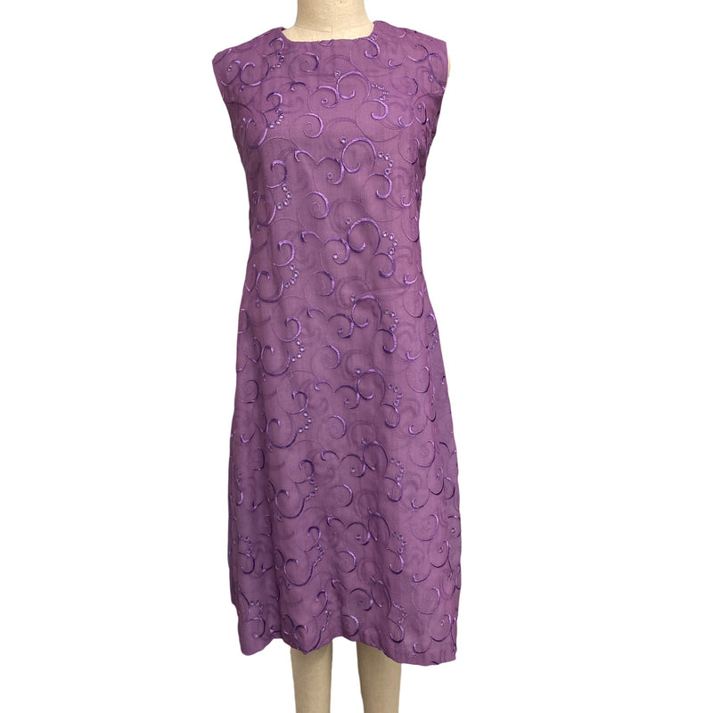 Purple Sleeveless Vintage A-Line Dress With Swirl Embroidery Accents