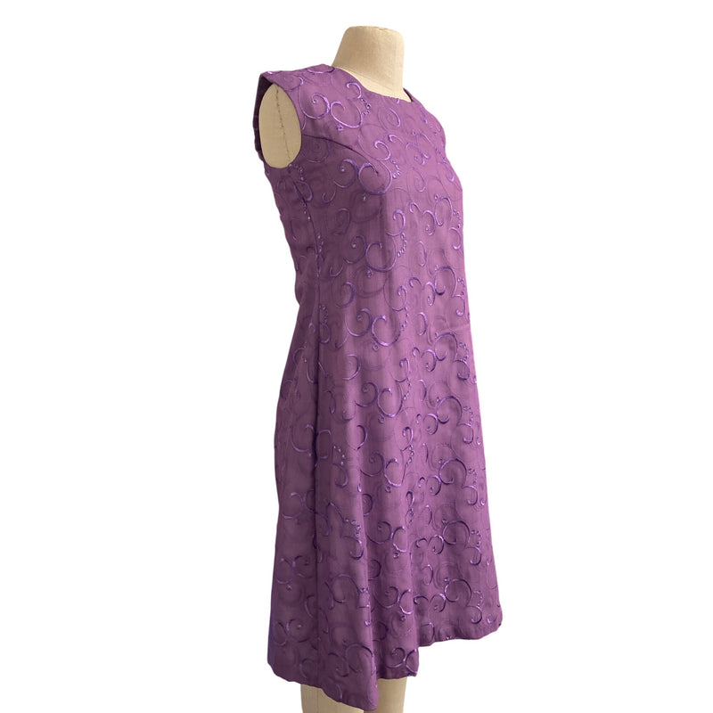 Purple Sleeveless Vintage A-Line Dress With Swirl Embroidery Accents