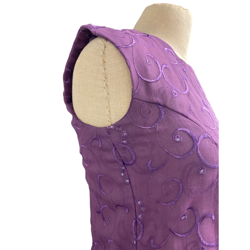 Purple Sleeveless Vintage A-Line Dress With Swirl Embroidery Accents