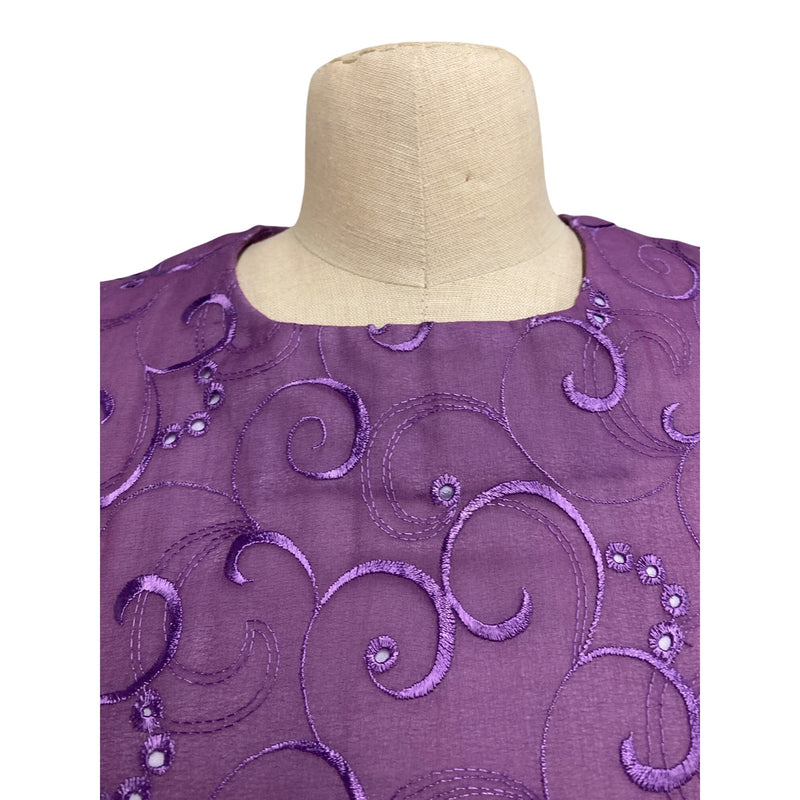 Purple Sleeveless Vintage A-Line Dress With Swirl Embroidery Accents