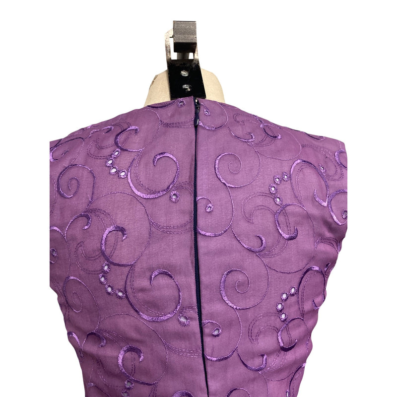 Purple Sleeveless Vintage A-Line Dress With Swirl Embroidery Accents