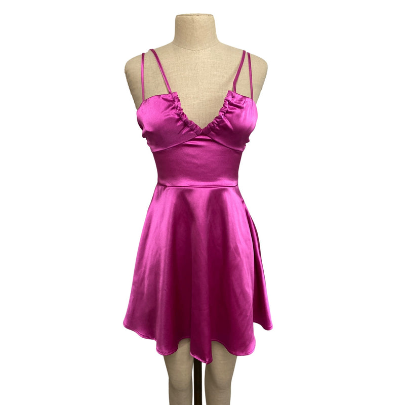 Speechless Womens Fuchsia Satin Fit Flare Mini Dress With Double Straps Size 5