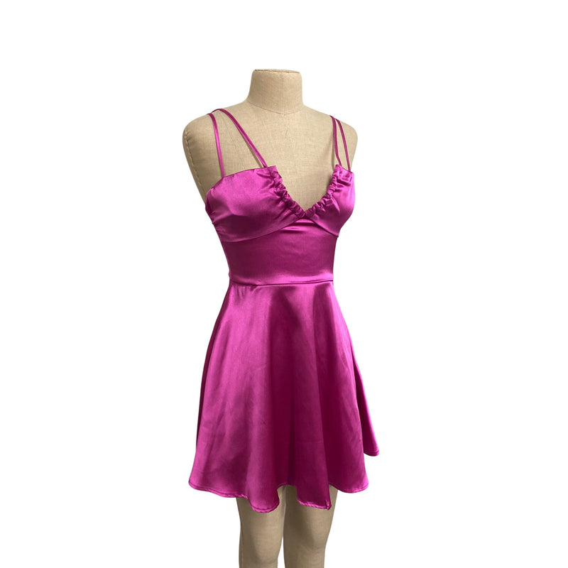 Speechless Womens Fuchsia Satin Fit Flare Mini Dress With Double Straps Size 5