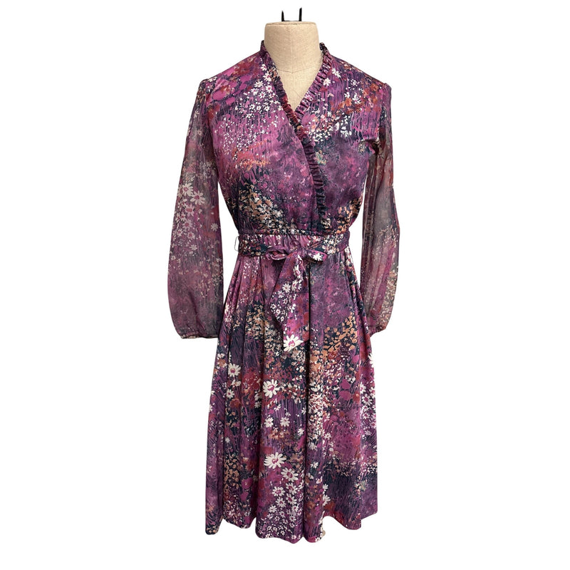 Vintage Lady Carol Petites Of New York Floral Wrap Dress Purple Elastic Sleeves Union Made In USA, Fundraiser Sustainable Fashion Education