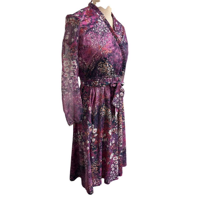 Vintage Lady Carol Petites Of New York Floral Wrap Dress Purple Elastic Sleeves Union Made In USA, Fundraiser Sustainable Fashion Education