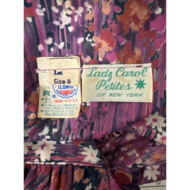 Vintage Lady Carol Petites Of New York Floral Wrap Dress Purple Elastic Sleeves Union Made In USA, Fundraiser Sustainable Fashion Education