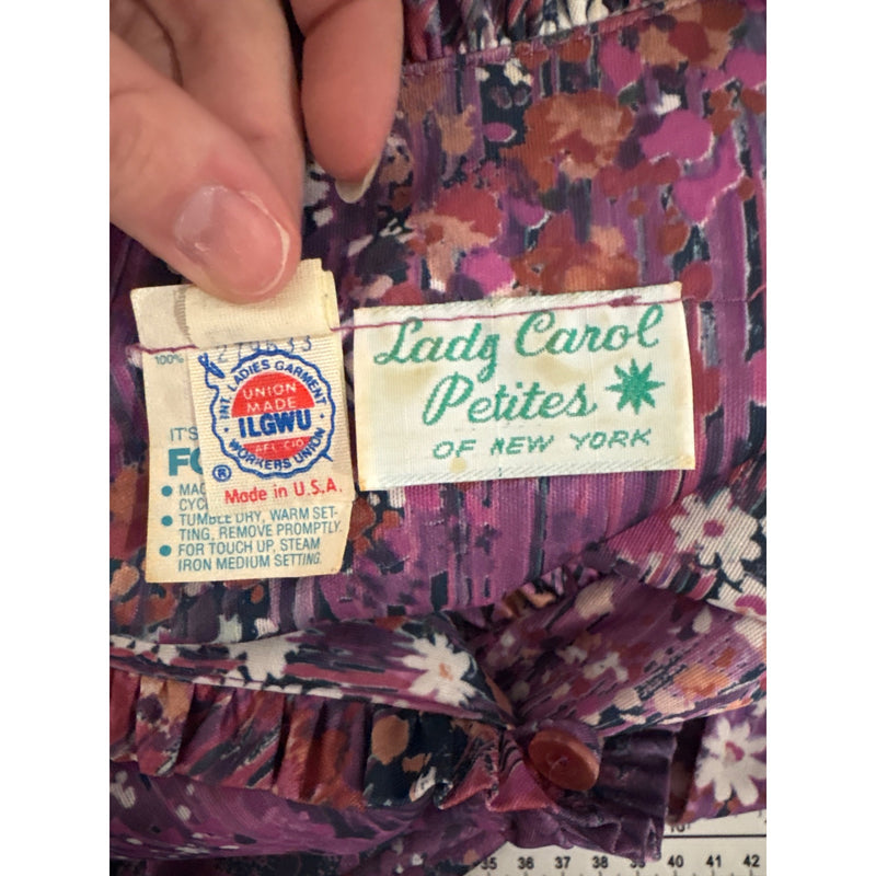 Vintage Lady Carol Petites Of New York Floral Wrap Dress Purple Elastic Sleeves Union Made In USA, Fundraiser Sustainable Fashion Education